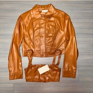 MESHKI: Carmel Faux Leather Jacket & Crop Top Set